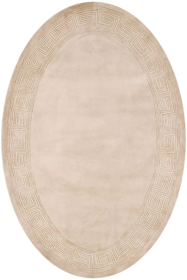 Plain carved Chinese rug - Beige - Handknotted 100% wool rug with Greek Key design SPG485