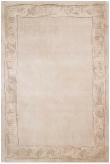 Plain carved Chinese rug - Beige - Handknotted 100% wool rug with Greek Key design