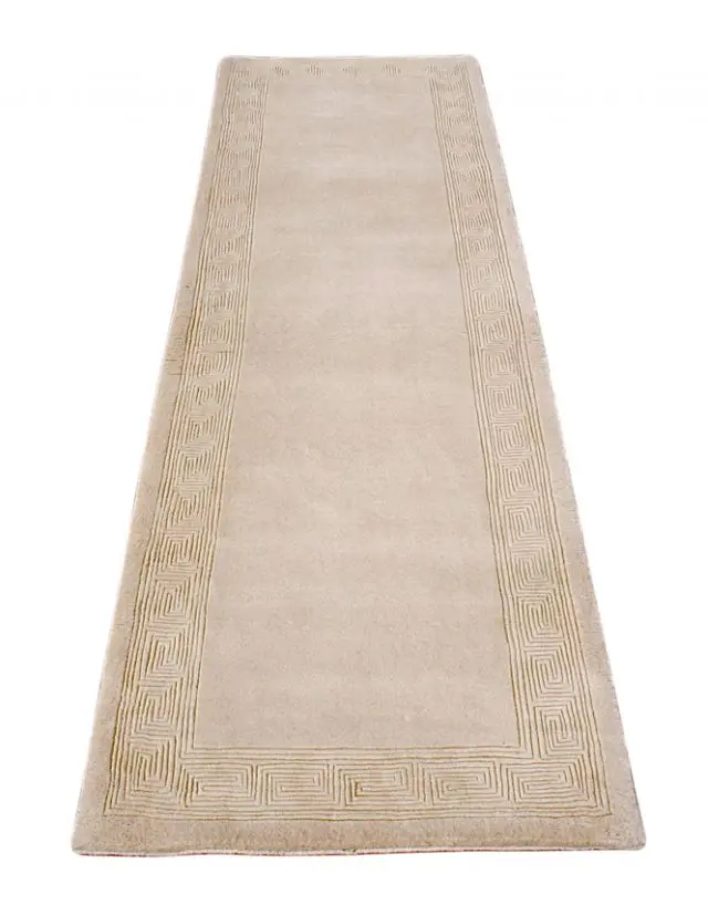 Plain carved Chinese rug - Beige - Handknotted 100% wool rug with Greek Key design SPG485