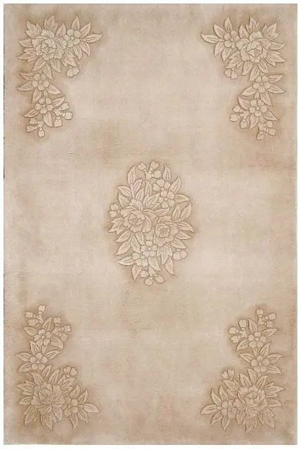 Plain carved Chinese rug - Beige - Handknotted 100% wool rug with Floral design