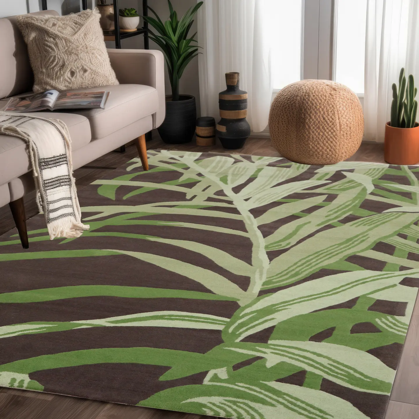 Modern Botanical Rug - Green and Brown