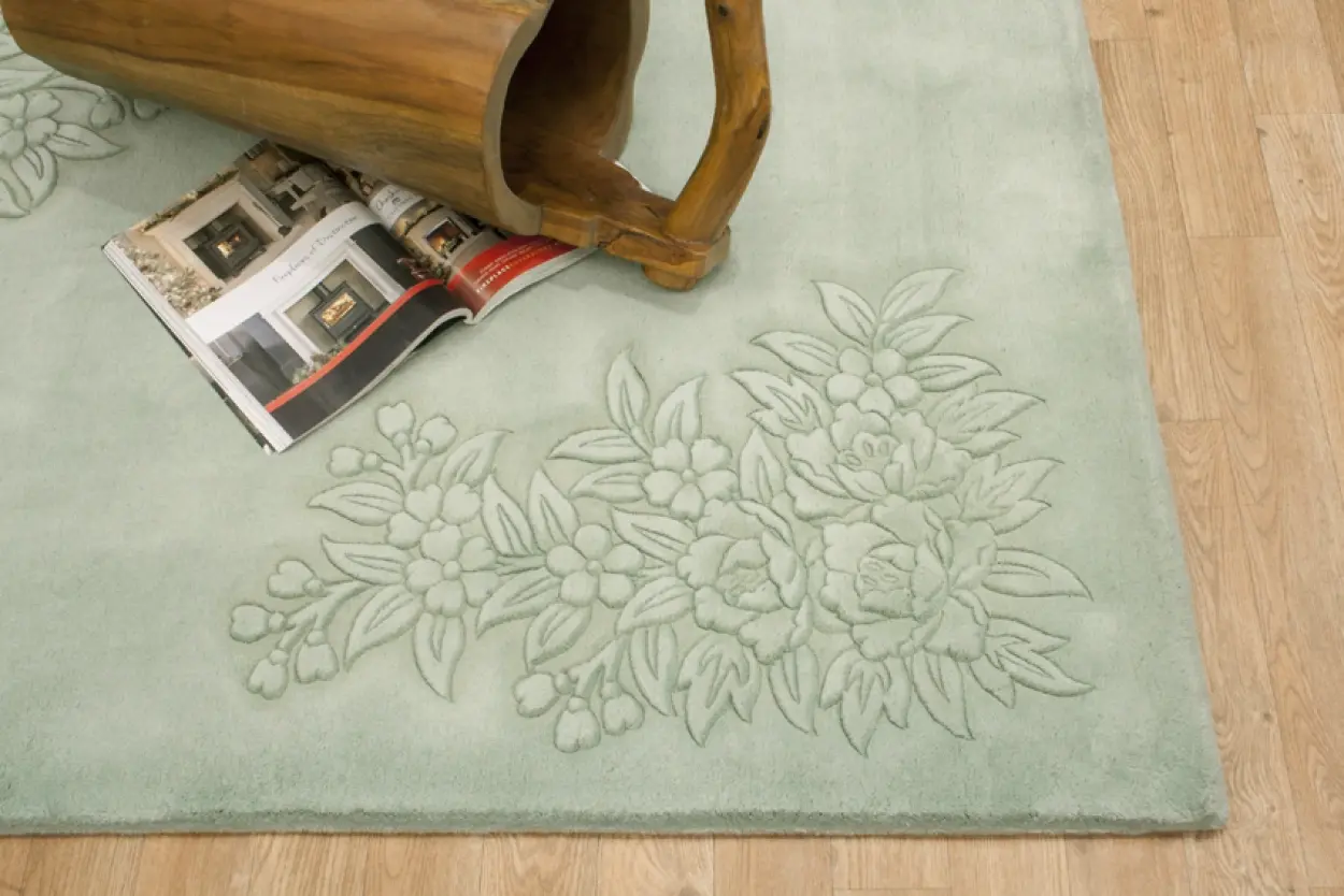 Plain carved Chinese rug - Green - Handknotted 100% wool rug with Floral design