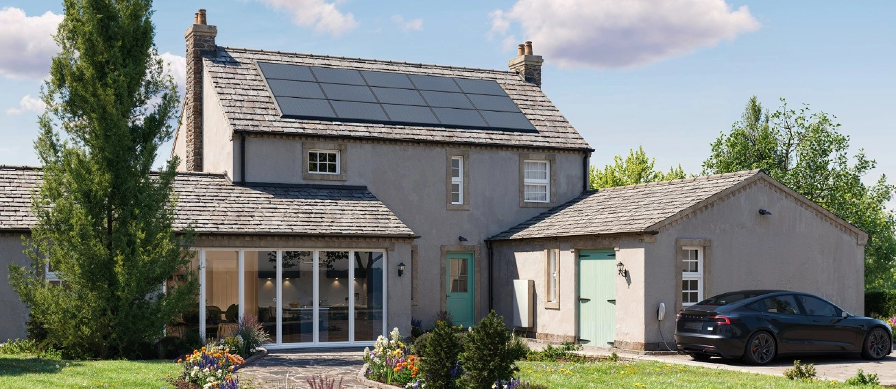 Residential home with rooftop solar panels and battery storage system in landscaped garden setting