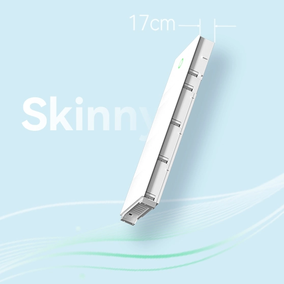 Slim home battery unit with 17cm depth, designed for compact solar energy storage installation