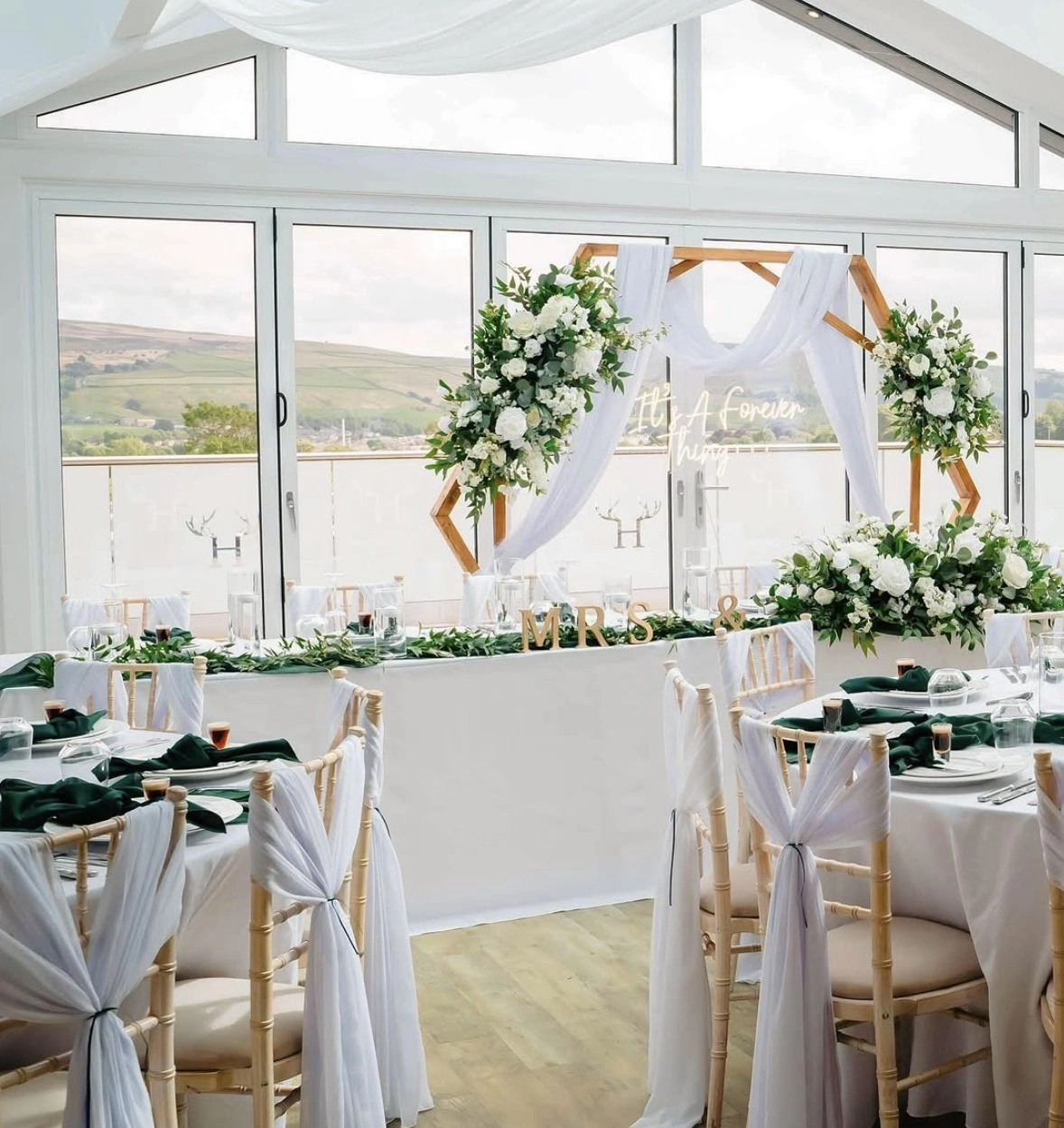 K & Co venue styling, dressed venue with white and florals